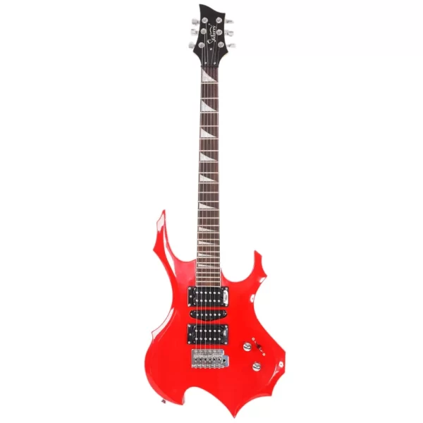 glarry flame shaped electric guitar for beginners, 20w output, hsh pickup, guitar set with strap, picks, cable, bag