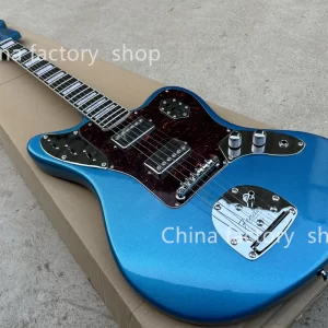 6 string metallic blue jaguar electric guitar, rosewood fretboard block mosaic, chrome hardware, red turtle pickguard