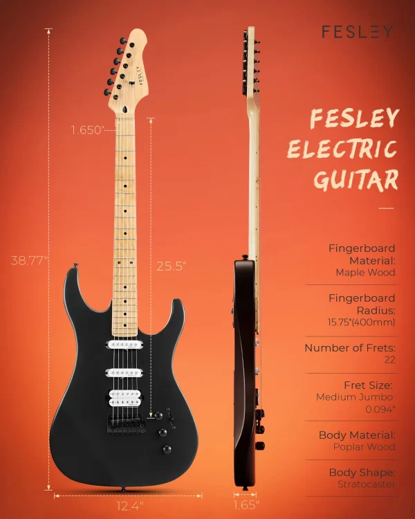 fesley 39" electric guitar, full size solid body electric guitars for beginner, st style, maple neck/fretboard, electric guitar