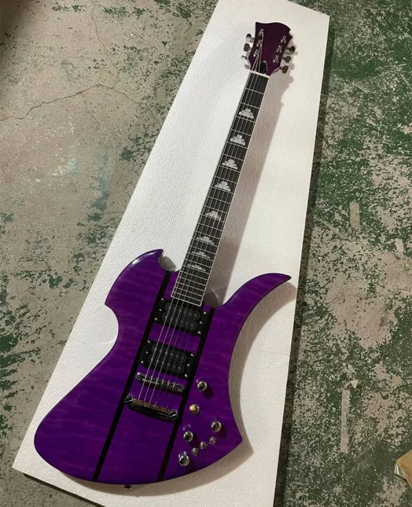 unusual shape purple electric guitar with fixed bridge,humbucking pickups,offer customize