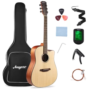 41" acoustic guitar full size steel acustica guitarra with gig bag, tuner, strap, strings, picks, capos, cutaway, right hand