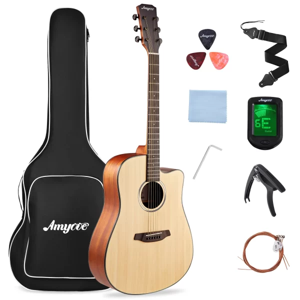 41" acoustic guitar full size steel acustica guitarra with gig bag, tuner, strap, strings, picks, capos, cutaway, right hand