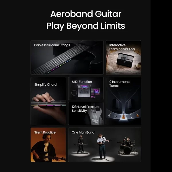 aeroband guitar electric guitar pain free silicone string travel all in one 9 sound styles acoustic bass with speaker microphone