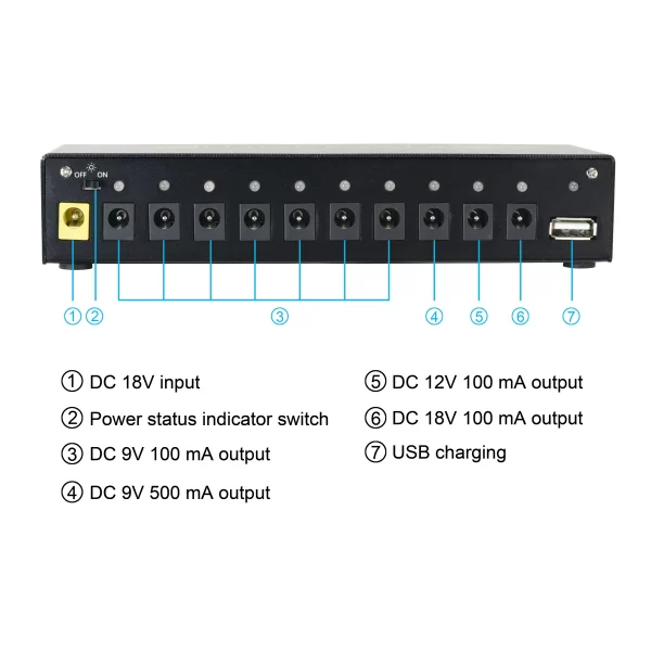 rowin guitar pedal power supply 10 isolated dc output 9v 12v 18v source effector power supply 1 usb charging port metal shell