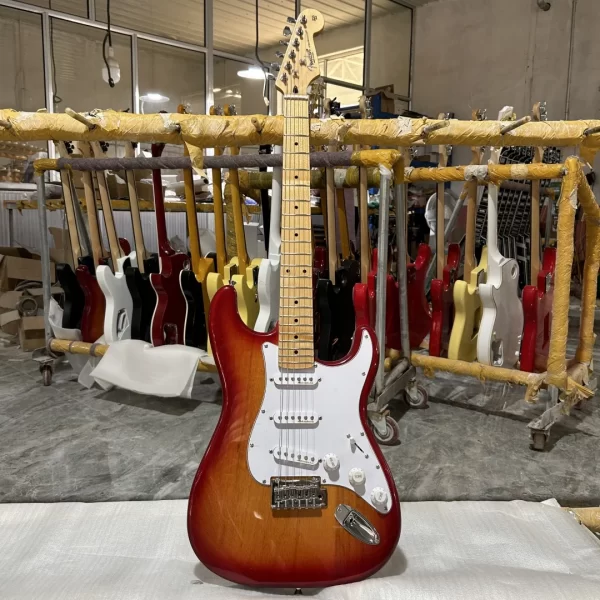 professional st electric guitar cherry red finish, triple single coil pickups, white guard, 21 tone free delivery