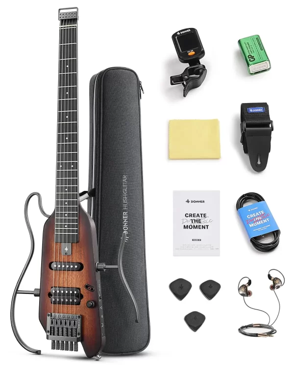 donner hush x electric guitar kit hush x headless guitar, great for travel and practice, mahogany solid body with easy a