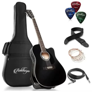 ashthorpe full size cutaway thinline acoustic electric guitar package premium tonewoods black