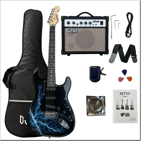 lightning colored st electric guitar set with bluetooth amplifier, tuner, noise cancelling cable for beginners practicing guitar