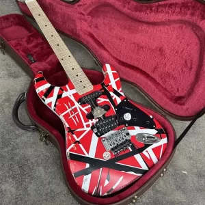 in stock, red, white, black striped electric guitar with reflector on the back, wholesale and retail