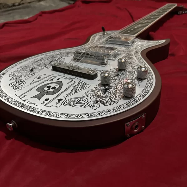 matte red 6 string electric guitar, poker flower pattern metal top, good sound quality, gift guitar