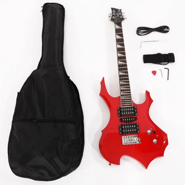 red flame shaped electric guitar with 20w electric guitar sound hsh pickup novice guitar bag strap picks shake cable wrench tool