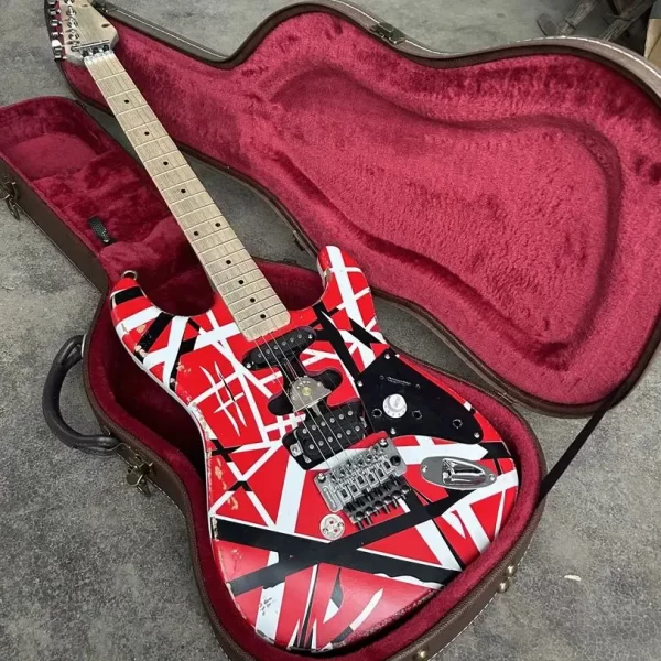in stock, red, white, black striped electric guitar with reflector on the back, wholesale and retail