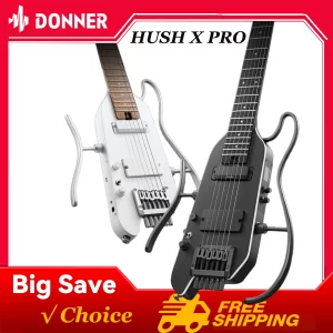 donner hush x pro electric guitar kit with 7 tone sim & presets, smart travel/silent guitar, portable authentic, headless guitar