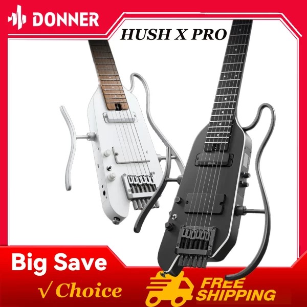 donner hush x pro electric guitar kit with 7 tone sim & presets, smart travel/silent guitar, portable authentic, headless guitar