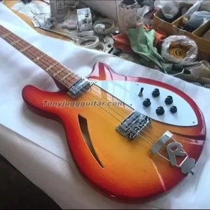 2025 4005 4 strings cherry sunbur semi hollow body electric bass guitar checkerboard binding, gloss lacquer fingerboard, mop tri