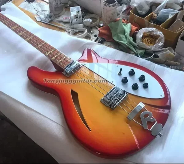 2025 4005 4 strings cherry sunbur semi hollow body electric bass guitar checkerboard binding, gloss lacquer fingerboard, mop tri