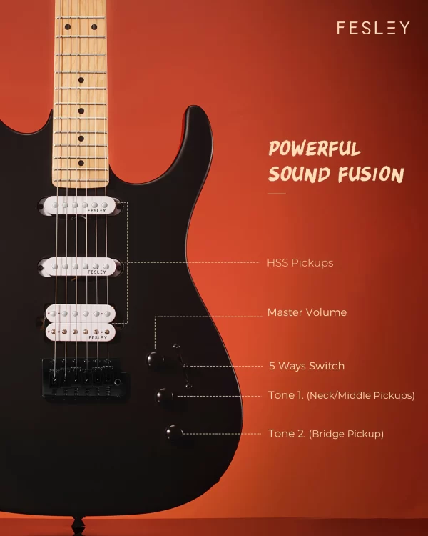 fesley 39" electric guitar, full size solid body electric guitars for beginner, st style, maple neck/fretboard, electric guitar