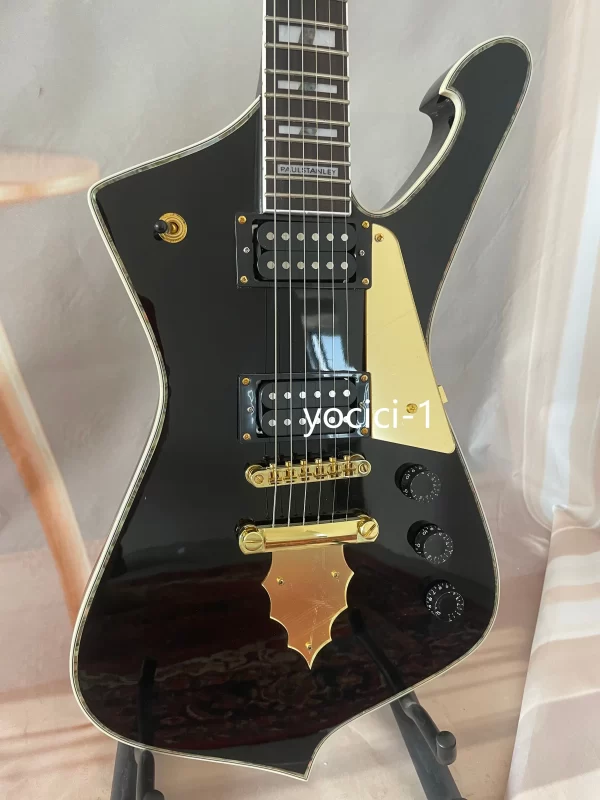 iceman paul stanley style electric guitar pickguard abalone black body binding chrome hardware