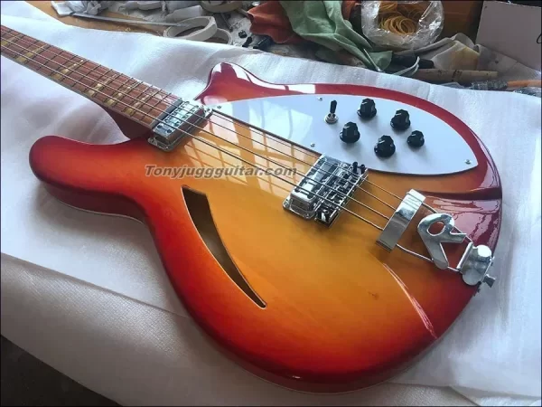 2025 4005 4 strings cherry sunbur semi hollow body electric bass guitar checkerboard binding, gloss lacquer fingerboard, mop tri