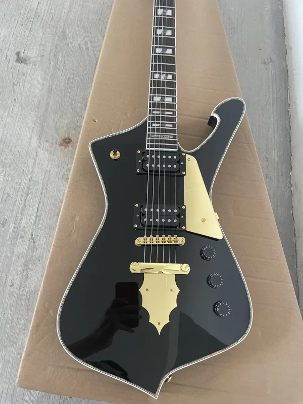 iceman paul stanley use style black electric guitar pickguard abalone body binding chrome hardware