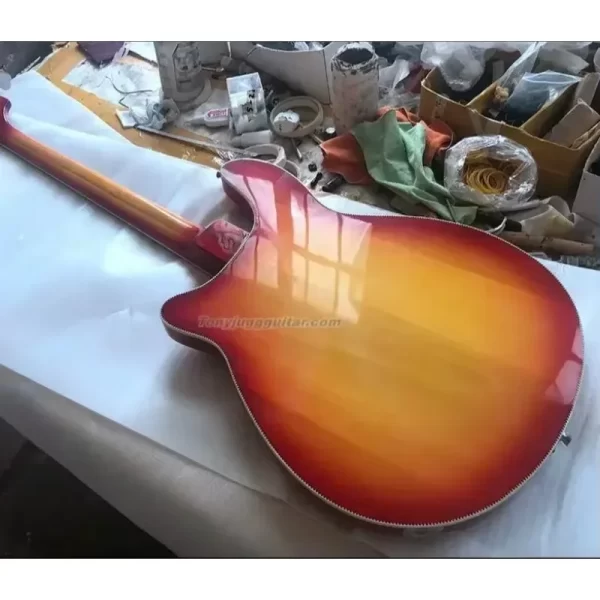 2025 4005 4 strings cherry sunbur semi hollow body electric bass guitar checkerboard binding, gloss lacquer fingerboard, mop tri