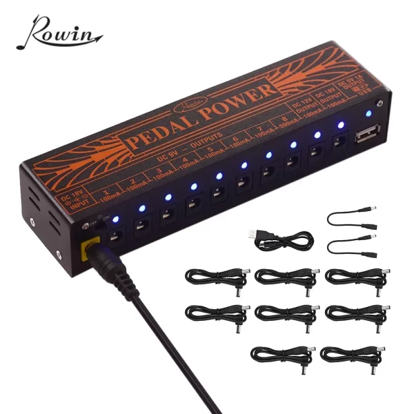 rowin guitar pedal power supply 10 isolated dc output 9v 12v 18v source effector power supply 1 usb charging port metal shell