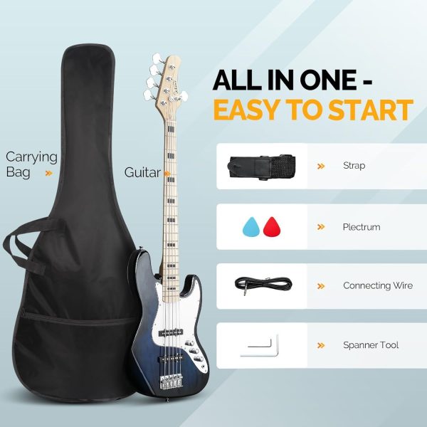 glarry 5 string electric bass guitar kit, dark blue with rosewood fretboard, includes carrying case, strap, cable, and picks ideal for beginners and all skill levels