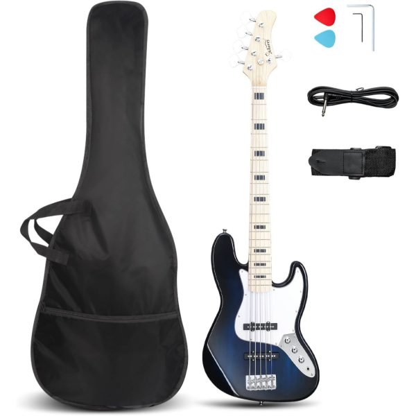 glarry 5 string electric bass guitar kit, dark blue with rosewood fretboard, includes carrying case, strap, cable, and picks ideal for beginners and all skill levels