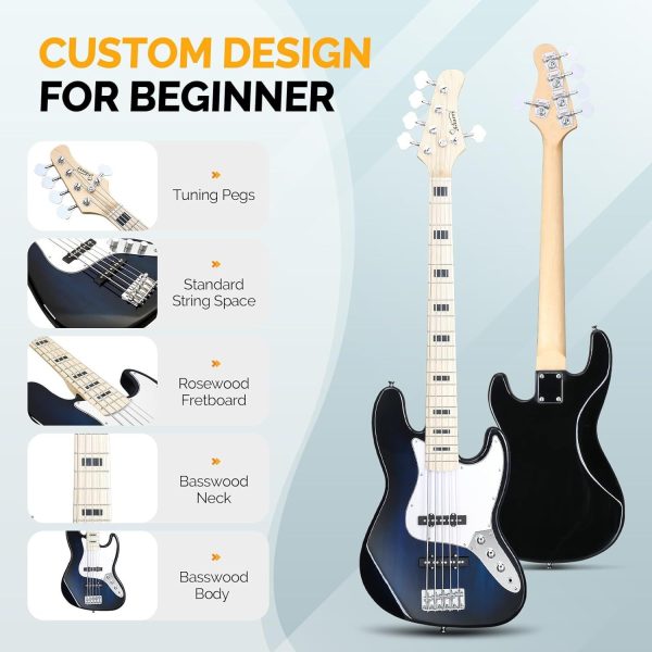 glarry 5 string electric bass guitar kit, dark blue with rosewood fretboard, includes carrying case, strap, cable, and picks ideal for beginners and all skill levels
