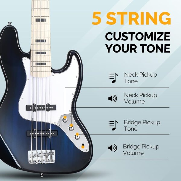 glarry 5 string electric bass guitar kit, dark blue with rosewood fretboard, includes carrying case, strap, cable, and picks ideal for beginners and all skill levels