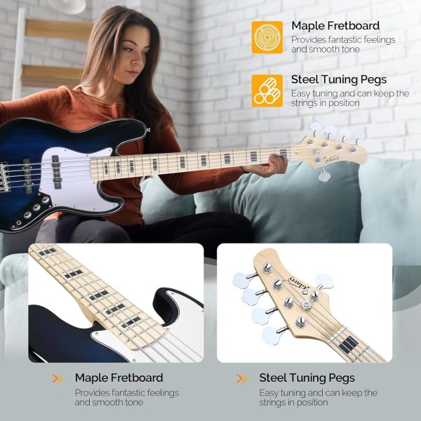 glarry 5 string electric bass guitar kit, dark blue with rosewood fretboard, includes carrying case, strap, cable, and picks ideal for beginners and all skill levels
