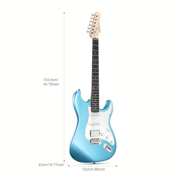 donner dst 100 st electric guitar set, full size hss with kits, amplifier, bag, digital tuner, capo, strap, string cable, picks solid body, single coil pickup, tremolo bridge, 22 frets, boxwood panel, hardwired power, ≤36v