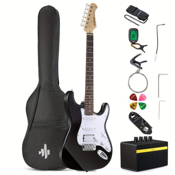 donner dst 100b 39 inch electric guitar beginner kit solid body full size black hss for starter, with amplifier, bag, digital tuner, capo, strap, string, cable, picks