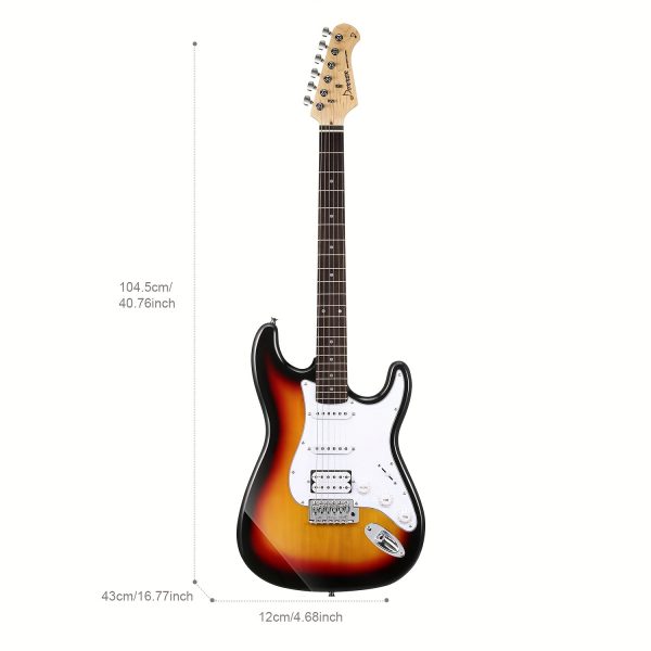 donner dst 100 st electric guitar set, full size hss with kits, amplifier, bag, digital tuner, capo, strap, string cable, picks solid body, single coil pickup, tremolo bridge, 22 frets, boxwood panel, hardwired power, ≤36v