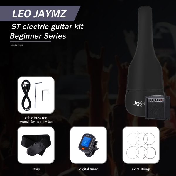 leo jaymz 39 inch full size electric guitar kit electric guitar beginner kits 20w amplifier, digital tuner, carring bag, shoulder strap, connecting cable