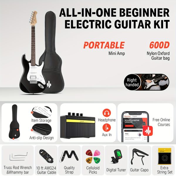 donner dst 100 st electric guitar set, full size hss with kits, amplifier, bag, digital tuner, capo, strap, string cable, picks solid body, single coil pickup, tremolo bridge, 22 frets, boxwood panel, hardwired power, ≤36v
