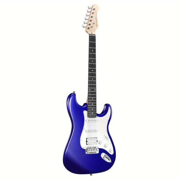 donner dst 100 st electric guitar set, full size hss with kits, amplifier, bag, digital tuner, capo, strap, string cable, picks solid body, single coil pickup, tremolo bridge, 22 frets, boxwood panel, hardwired power, ≤36v