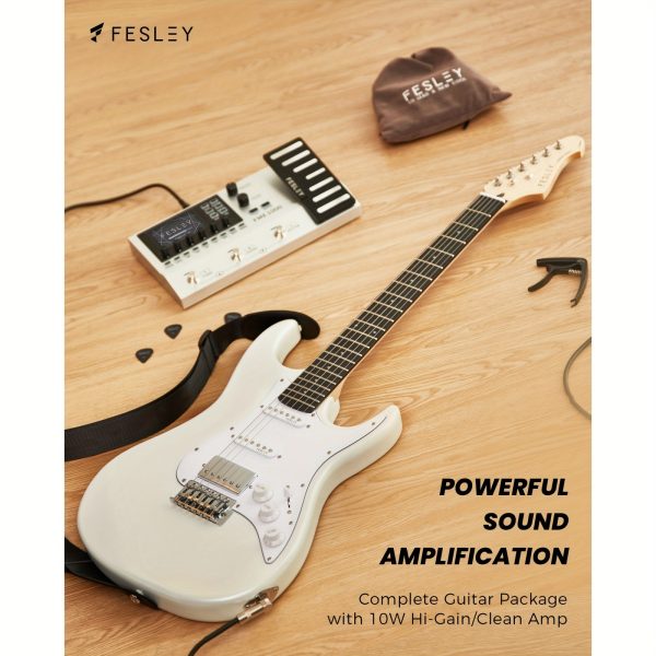 fesley 39 inch electric guitar, beginner electric guitar kit with hss pickup, full size solid body guitar starter set with amplifier, bag, strap, string, cable, picks, fst100, white