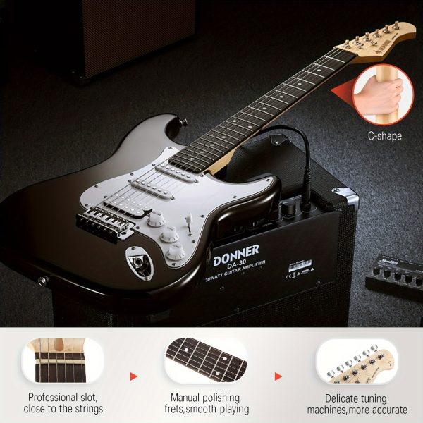 donner dst 100b 39 inch electric guitar beginner kit solid body full size black hss for starter, with amplifier, bag, digital tuner, capo, strap, string, cable, picks
