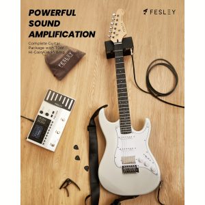 fesley 39 inch electric guitar, beginner electric guitar kit with hss pickup, full size solid body guitar starter set with amplifier, bag, strap, string, cable, picks, fst100, white