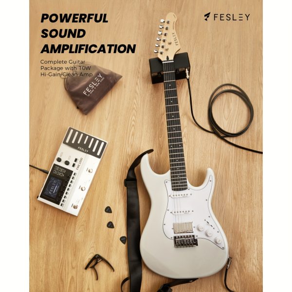 fesley 39 inch electric guitar, beginner electric guitar kit with hss pickup, full size solid body guitar starter set with amplifier, bag, strap, string, cable, picks, fst100, white