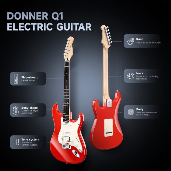 donner q1 series electric guitar 39" solid maple body, hss pickups, red/blue, includes black carrying case & accessories, perfect musical gift for guitarists, versatile guitarists gear | modern aesthetic | rosewood fingerboard, guitar accessories