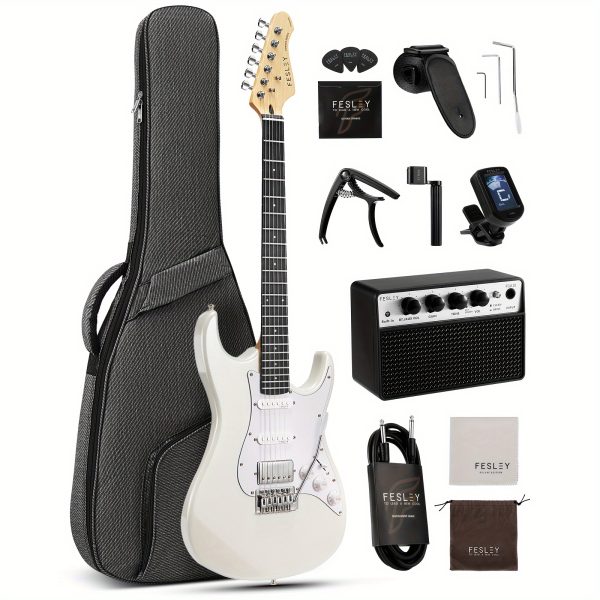 fesley 39 inch electric guitar, beginner electric guitar kit with hss pickup, full size solid body guitar starter set with amplifier, bag, strap, string, cable, picks, fst100, white