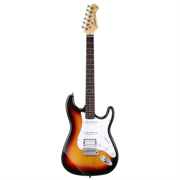 donner dst 100 st electric guitar set, full size hss with kits, amplifier, bag, digital tuner, capo, strap, string cable, picks solid body, single coil pickup, tremolo bridge, 22 frets, boxwood panel, hardwired power, ≤36v