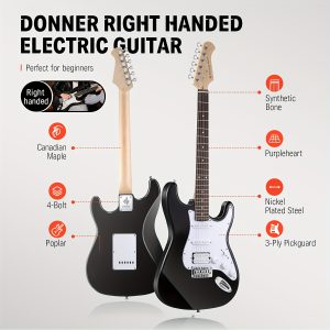donner dst 100 st electric guitar set, full size hss with kits, amplifier, bag, digital tuner, capo, strap, string cable, picks solid body, single coil pickup, tremolo bridge, 22 frets, boxwood panel, hardwired power, ≤36v