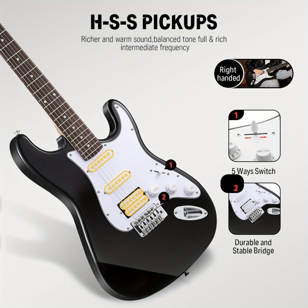 donner dst 100 st electric guitar set, full size hss with kits, amplifier, bag, digital tuner, capo, strap, string cable, picks solid body, single coil pickup, tremolo bridge, 22 frets, boxwood panel, hardwired power, ≤36v