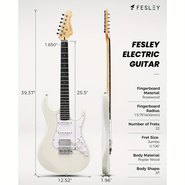 fesley 39 inch electric guitar, beginner electric guitar kit with hss pickup, full size solid body guitar starter set with amplifier, bag, strap, string, cable, picks, fst100, white