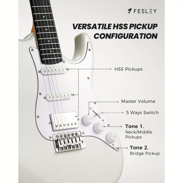 fesley 39 inch electric guitar, beginner electric guitar kit with hss pickup, full size solid body guitar starter set with amplifier, bag, strap, string, cable, picks, fst100, white