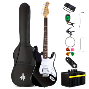donner dst 100b 39 inch electric guitar beginner kit solid body full size black hss for starter, with amplifier, bag, digital tuner, capo, strap, string, cable, picks