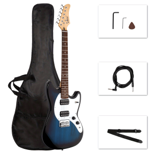 full size blue 6 string gmf electric guitar with h h pickups ideal for beginners, comes with bag, strap & accessories